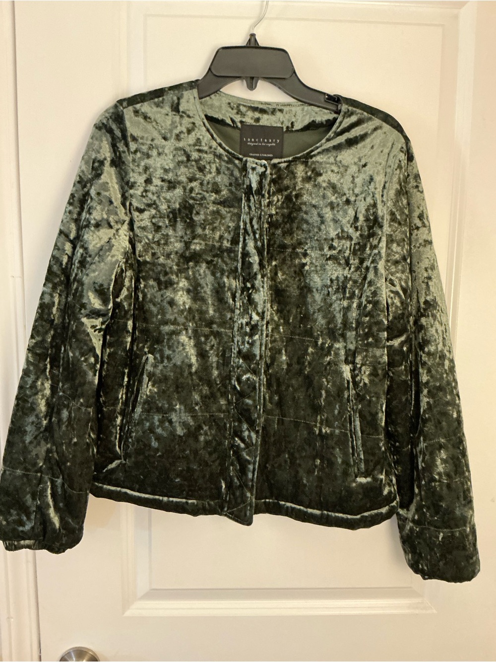 Sanctuary Women's Size M Olive Green Crushed Velvet Quilted Zip Up Collarless